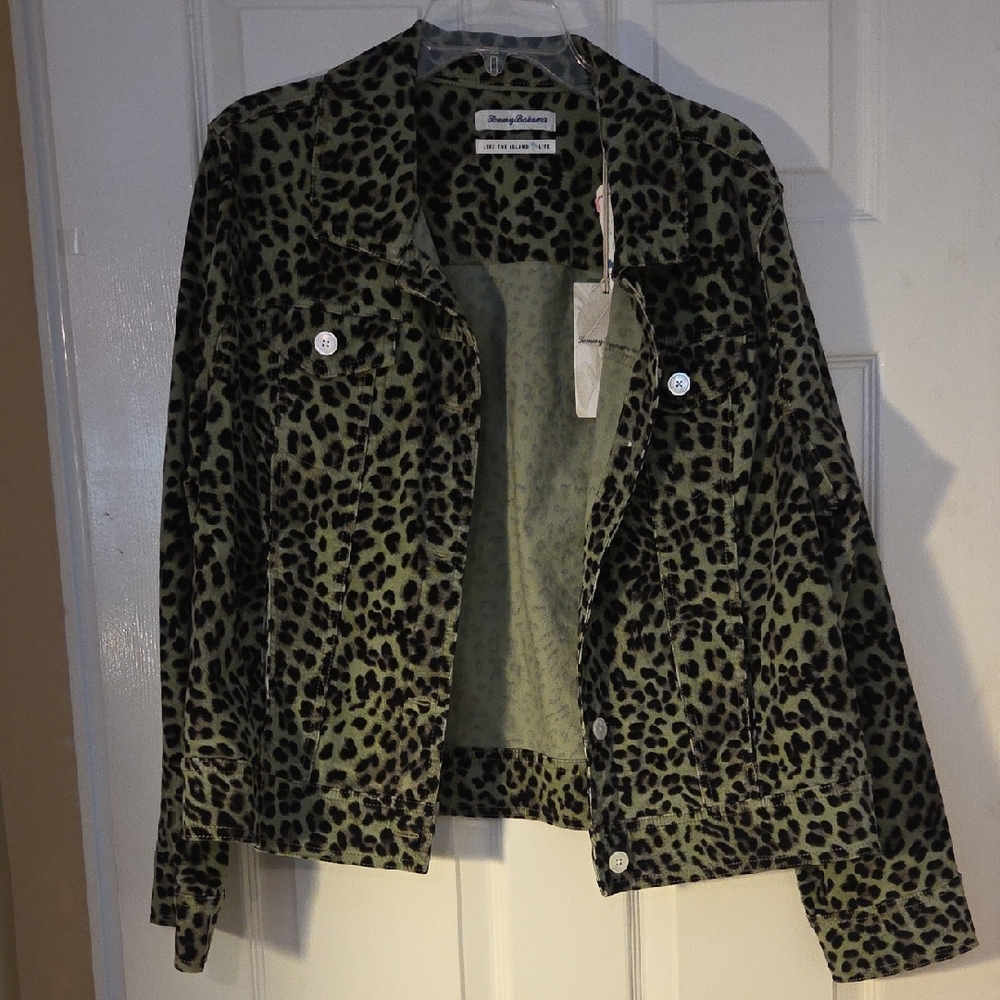 Tommy Bahama Olive Green Leopard Print Jean Jacket